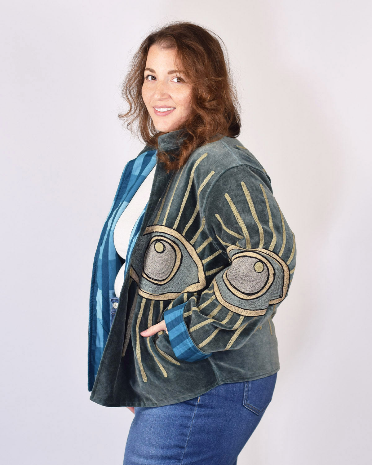 XL - Extended Sized - "Evil Eye" Suzani Embroidered Velvet Jacket/Cardigan - 08