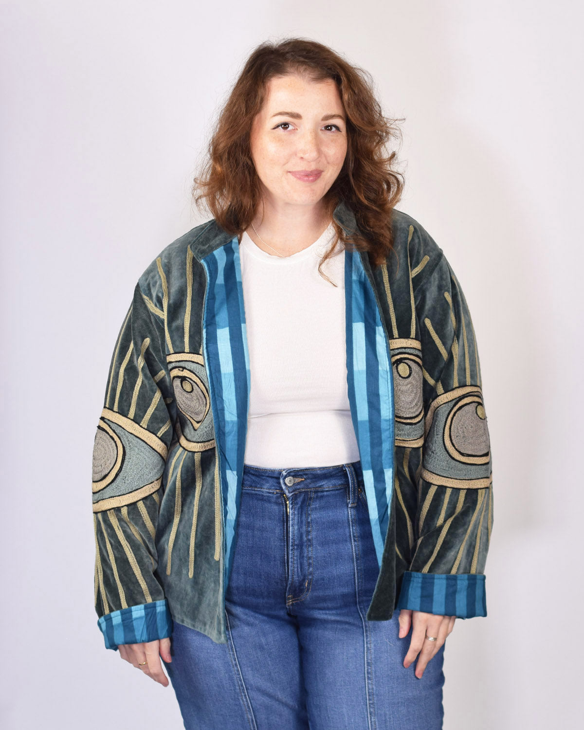 XL - Extended Sized - "Evil Eye" Suzani Embroidered Velvet Jacket/Cardigan - 08