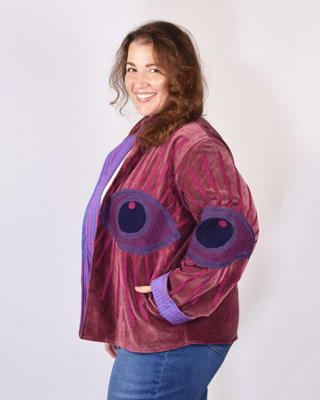 XL - Extended Sized - "Evil Eye" Suzani Embroidered Velvet Jacket/Cardigan - 09