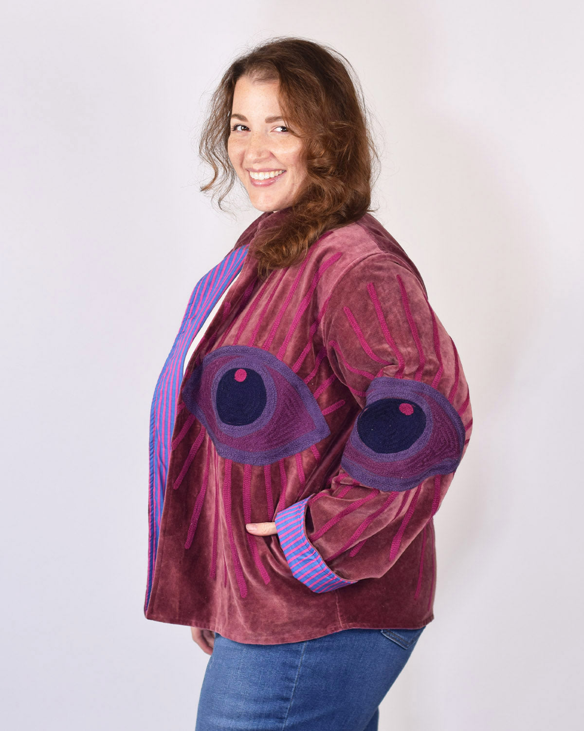 XL - Extended Sized - "Evil Eye" Suzani Embroidered Velvet Jacket/Cardigan - 09