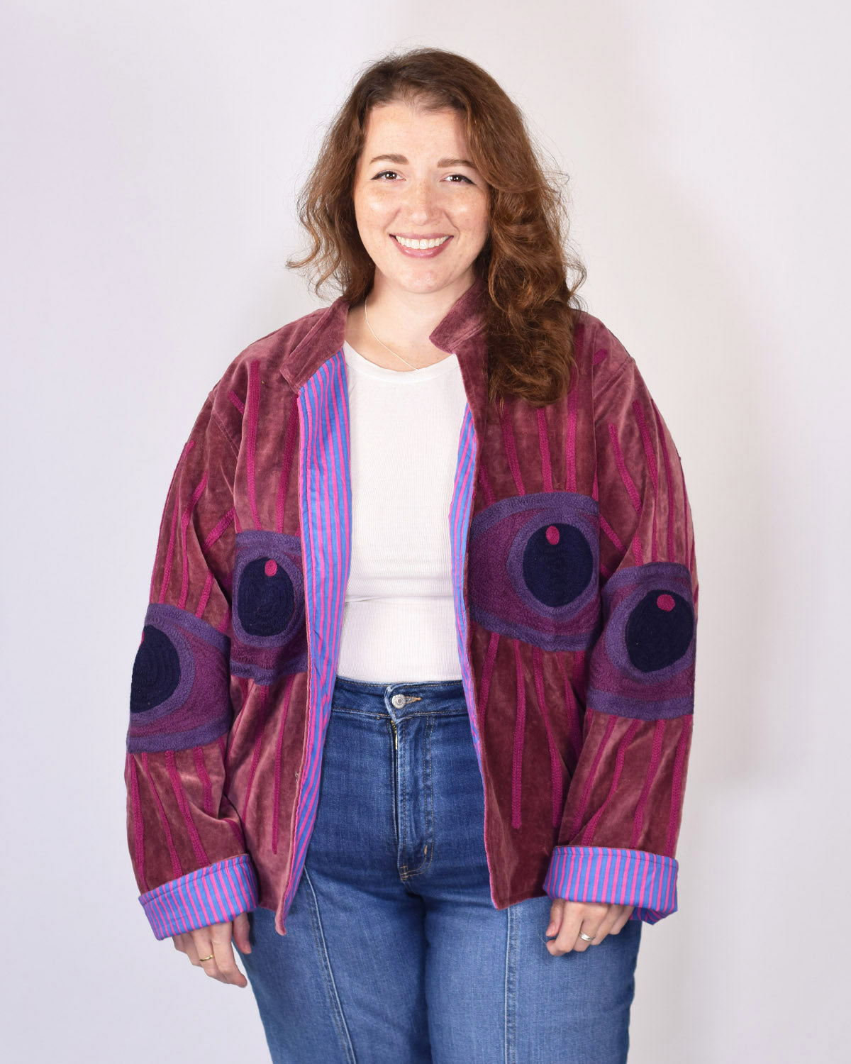 XL - Extended Sized - "Evil Eye" Suzani Embroidered Velvet Jacket/Cardigan - 09
