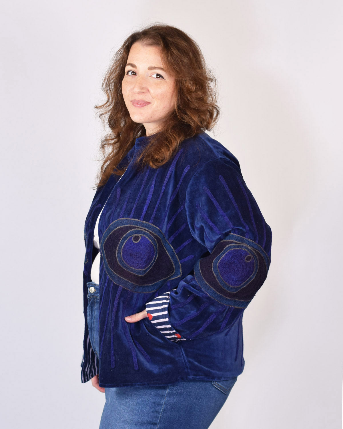 XL - Extended Sized - "Evil Eye" Suzani Embroidered Velvet Jacket/Cardigan - 10
