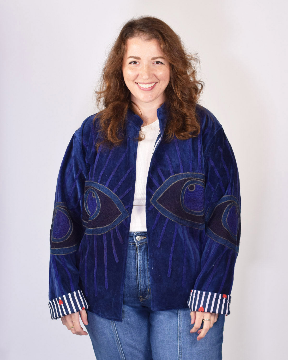 XL - Extended Sized - "Evil Eye" Suzani Embroidered Velvet Jacket/Cardigan - 10