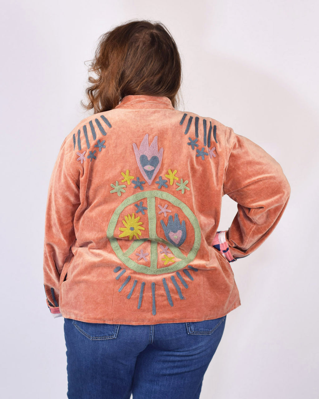 XL - Extended Sized - "Peace & Love" Suzani Embroidered Velvet Jacket/Cardigan - 05