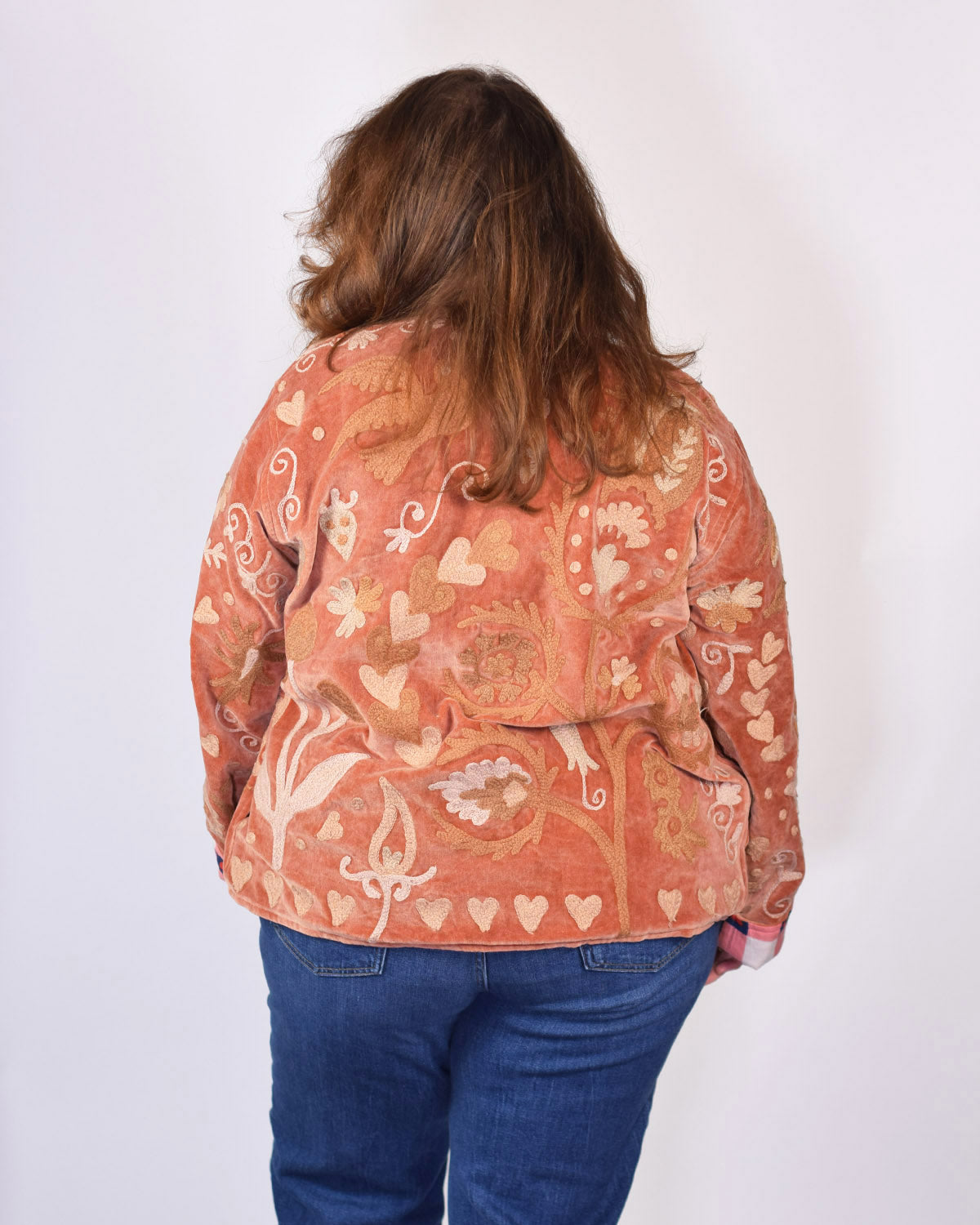 XL - Extended Sized - "Lovebirds" Suzani Embroidered Velvet Jacket/Cardigan - 06