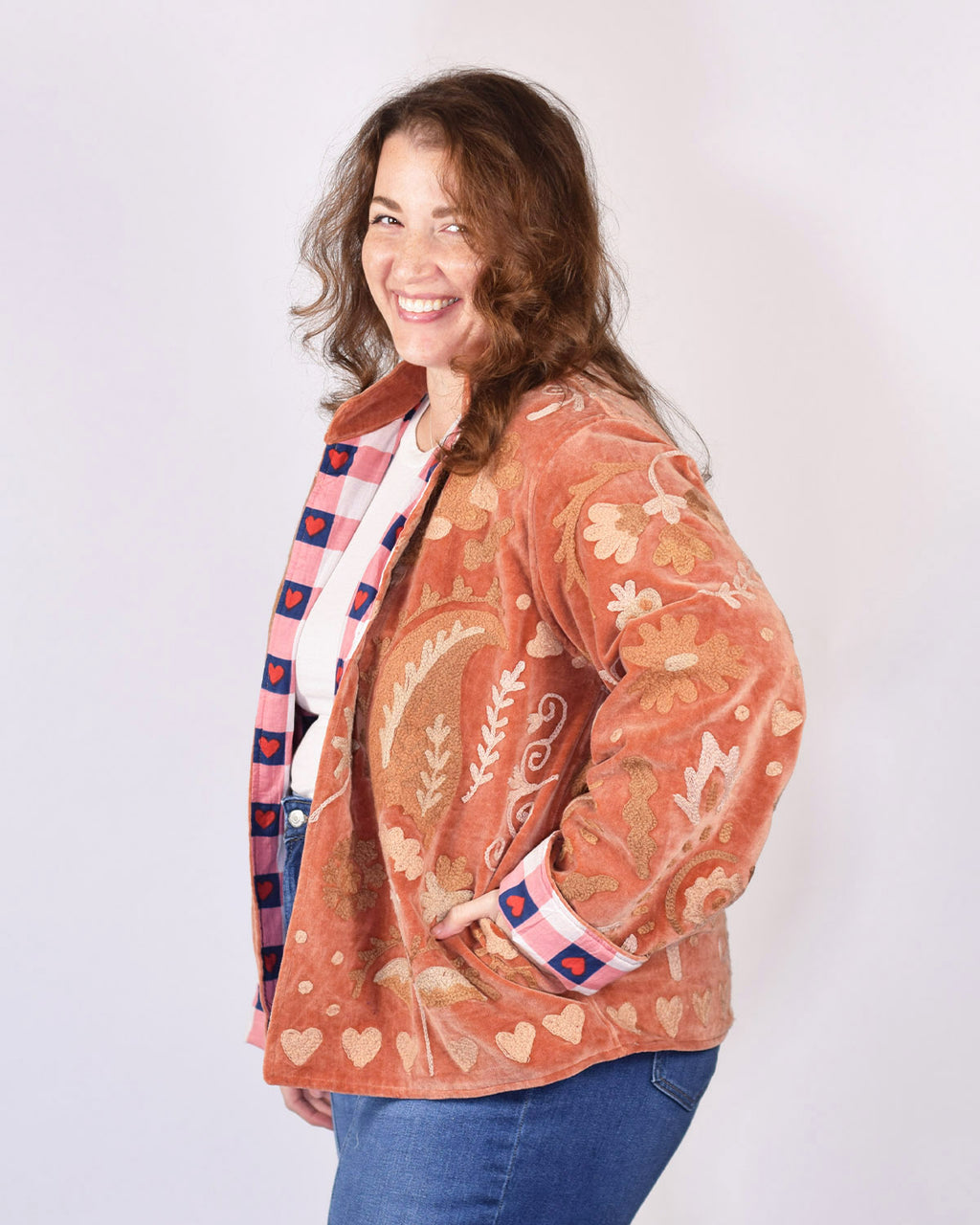 XL - Extended Sized - "Lovebirds" Suzani Embroidered Velvet Jacket/Cardigan - 06