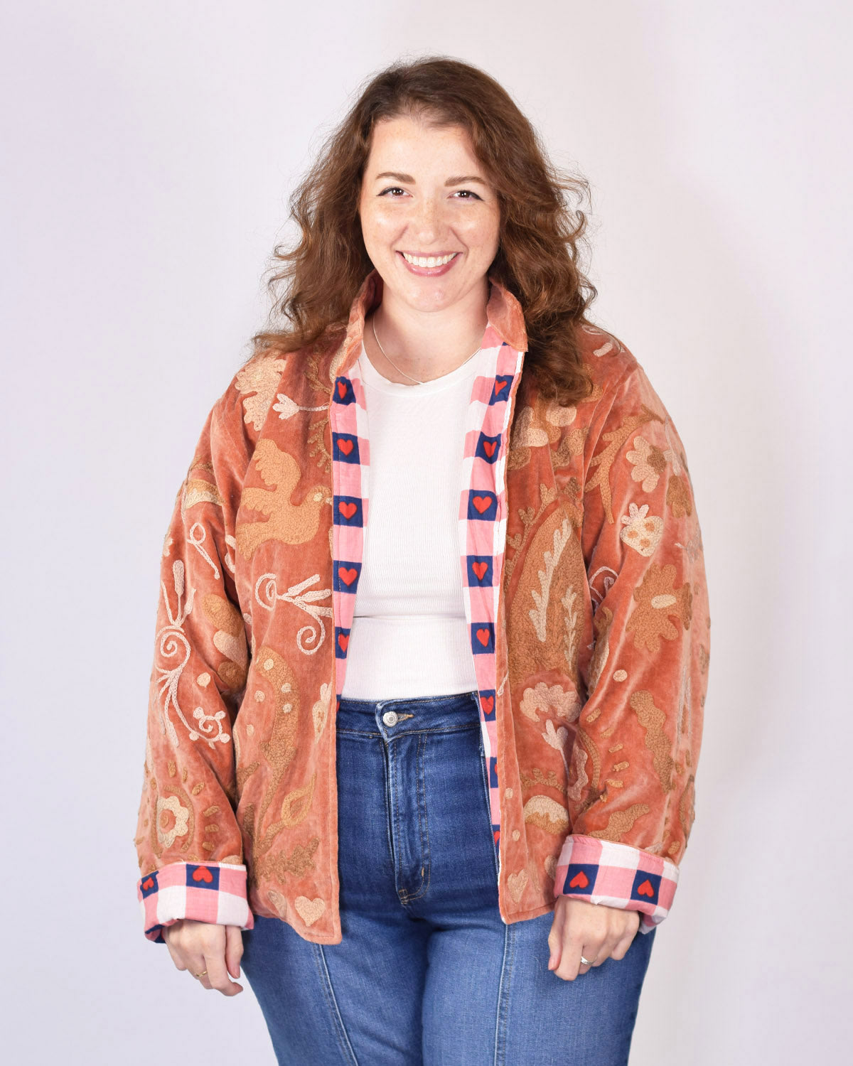 XL - Extended Sized - "Lovebirds" Suzani Embroidered Velvet Jacket/Cardigan - 06