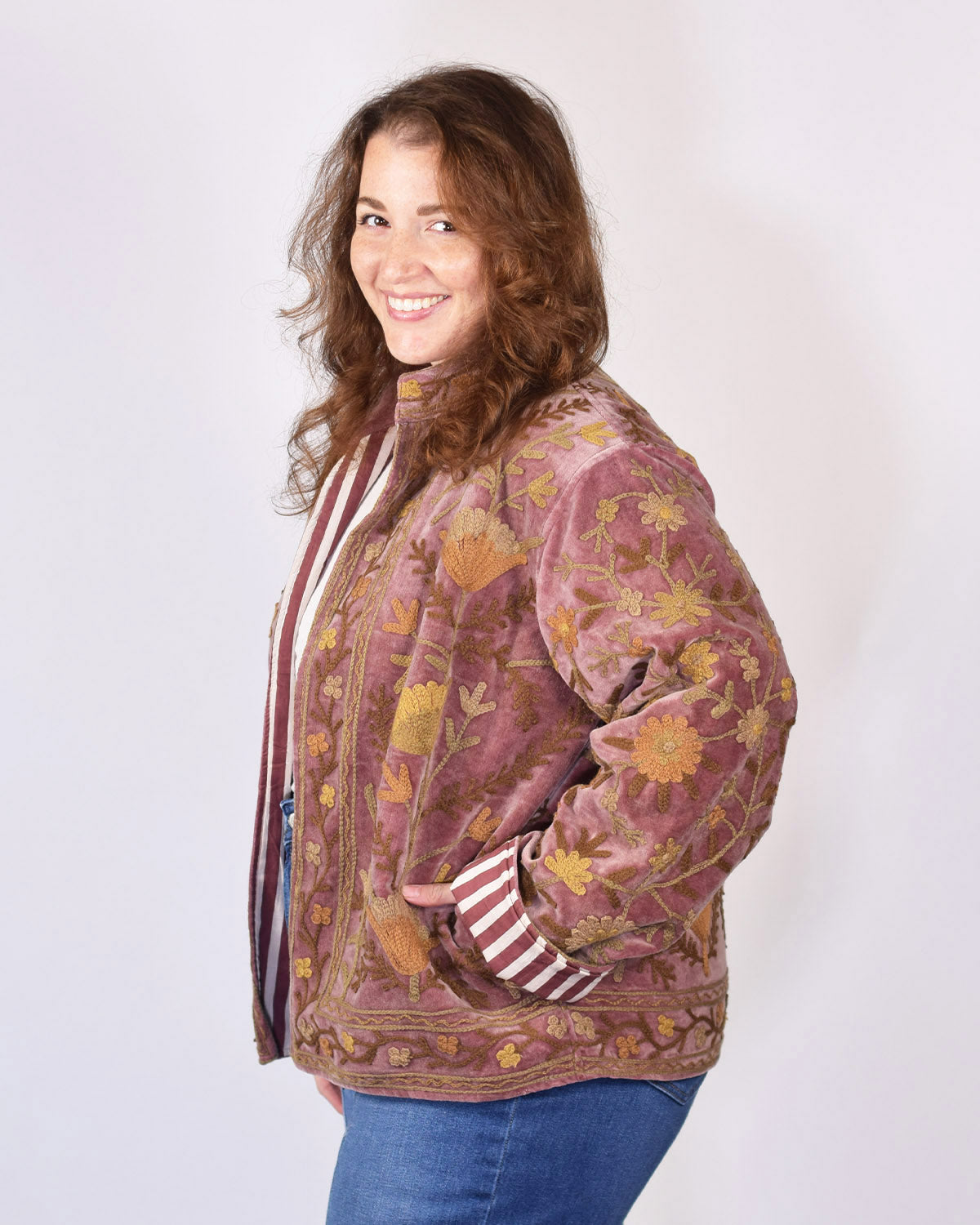 XL - Extended Sized - "Boho Blooms" Suzani Embroidered Velvet Jacket/Cardigan - 02