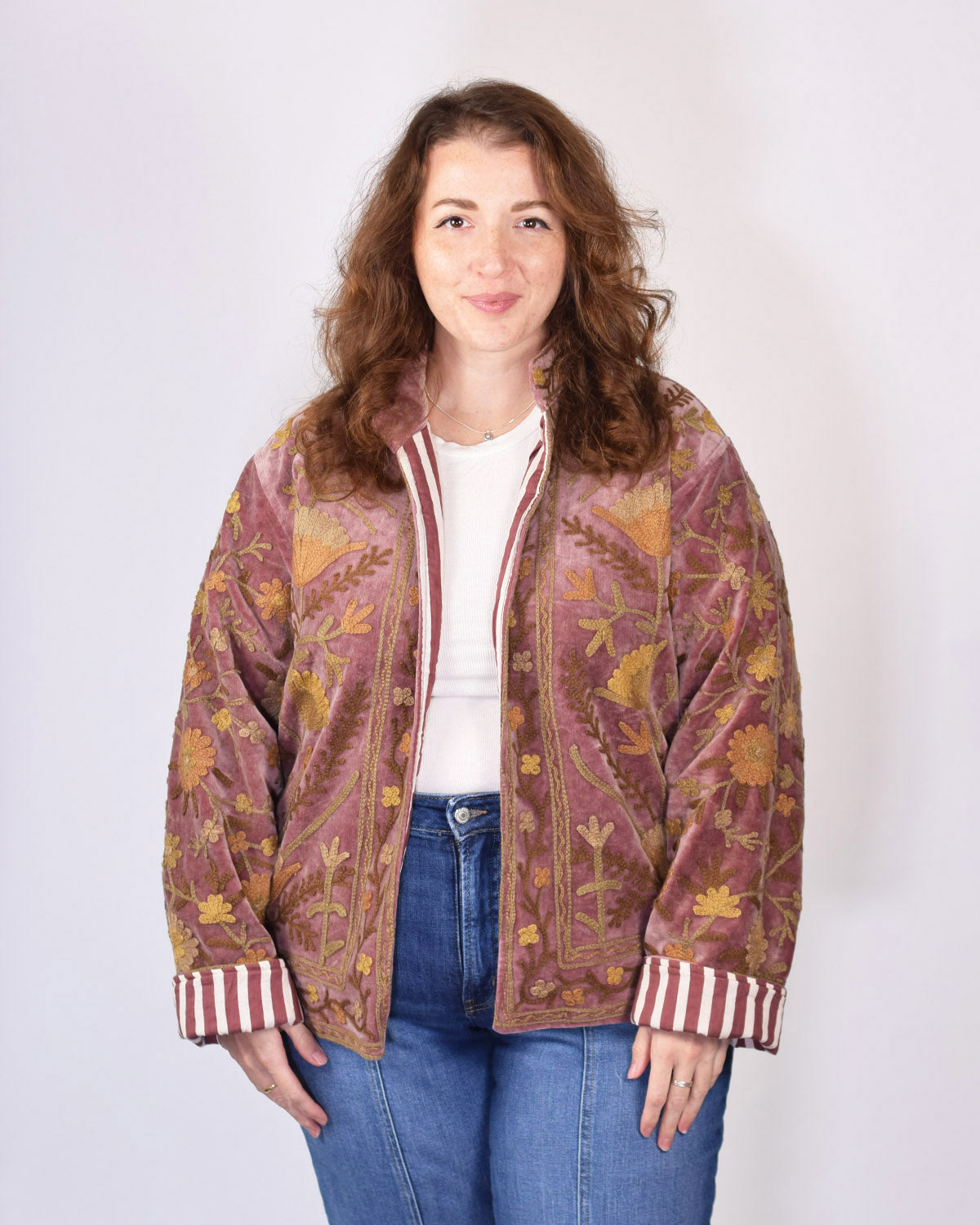 XL - Extended Sized - "Boho Blooms" Suzani Embroidered Velvet Jacket/Cardigan - 02