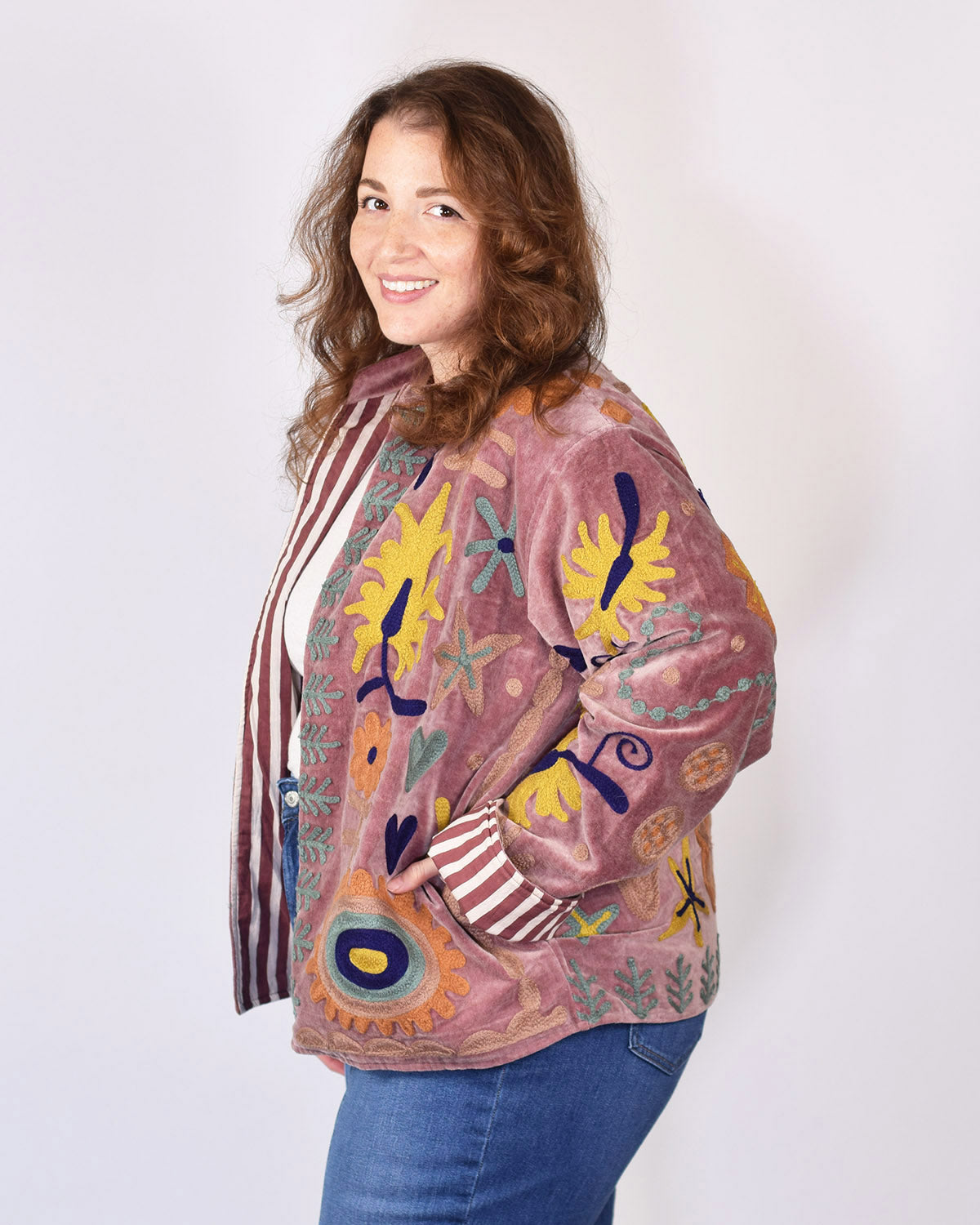 XL - Extended Sized - "Mountain of Love" Suzani Embroidered Velvet Jacket/Cardigan - 05