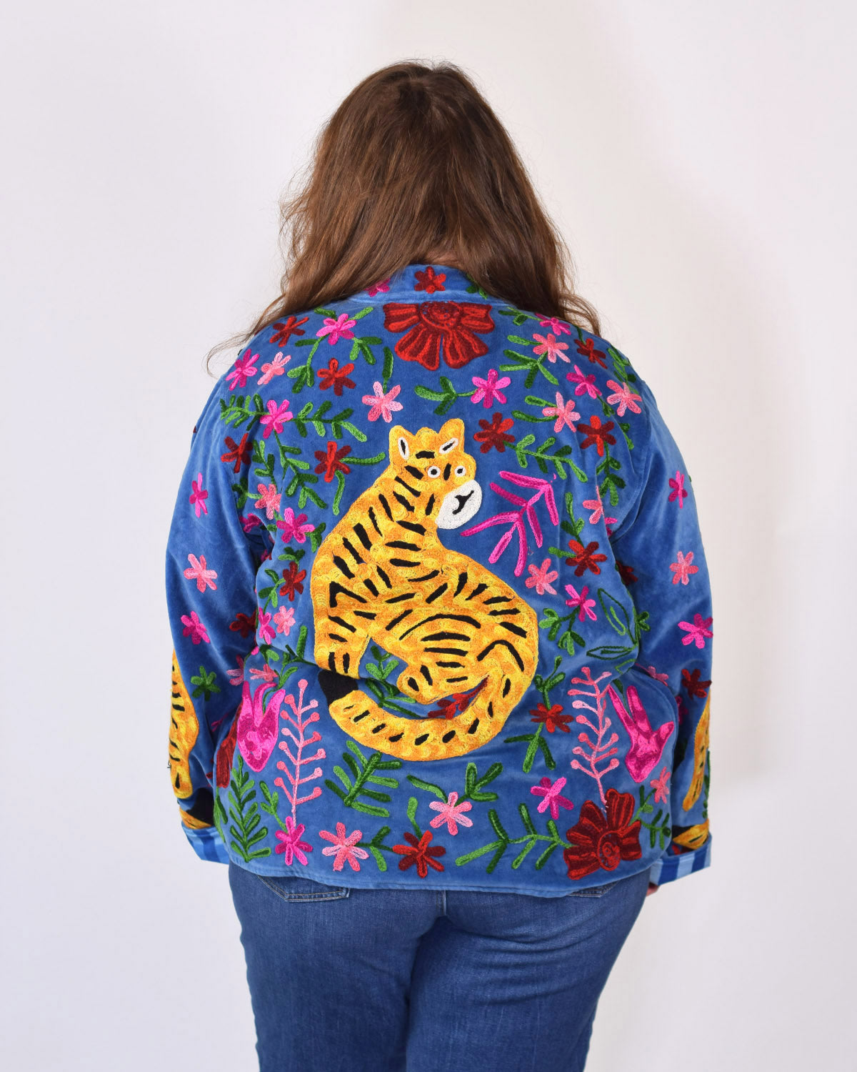 XL - Extended Sized - "Tiger Tribe" Suzani Embroidered Velvet Jacket/Cardigan - Electric Blue
