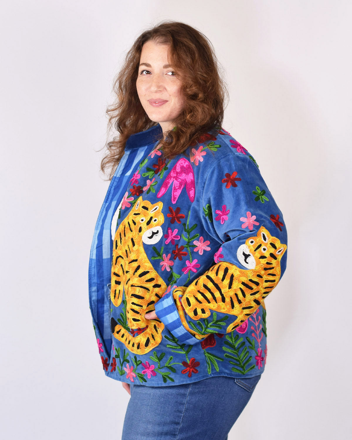 XL - Extended Sized - "Tiger Tribe" Suzani Embroidered Velvet Jacket/Cardigan - Electric Blue