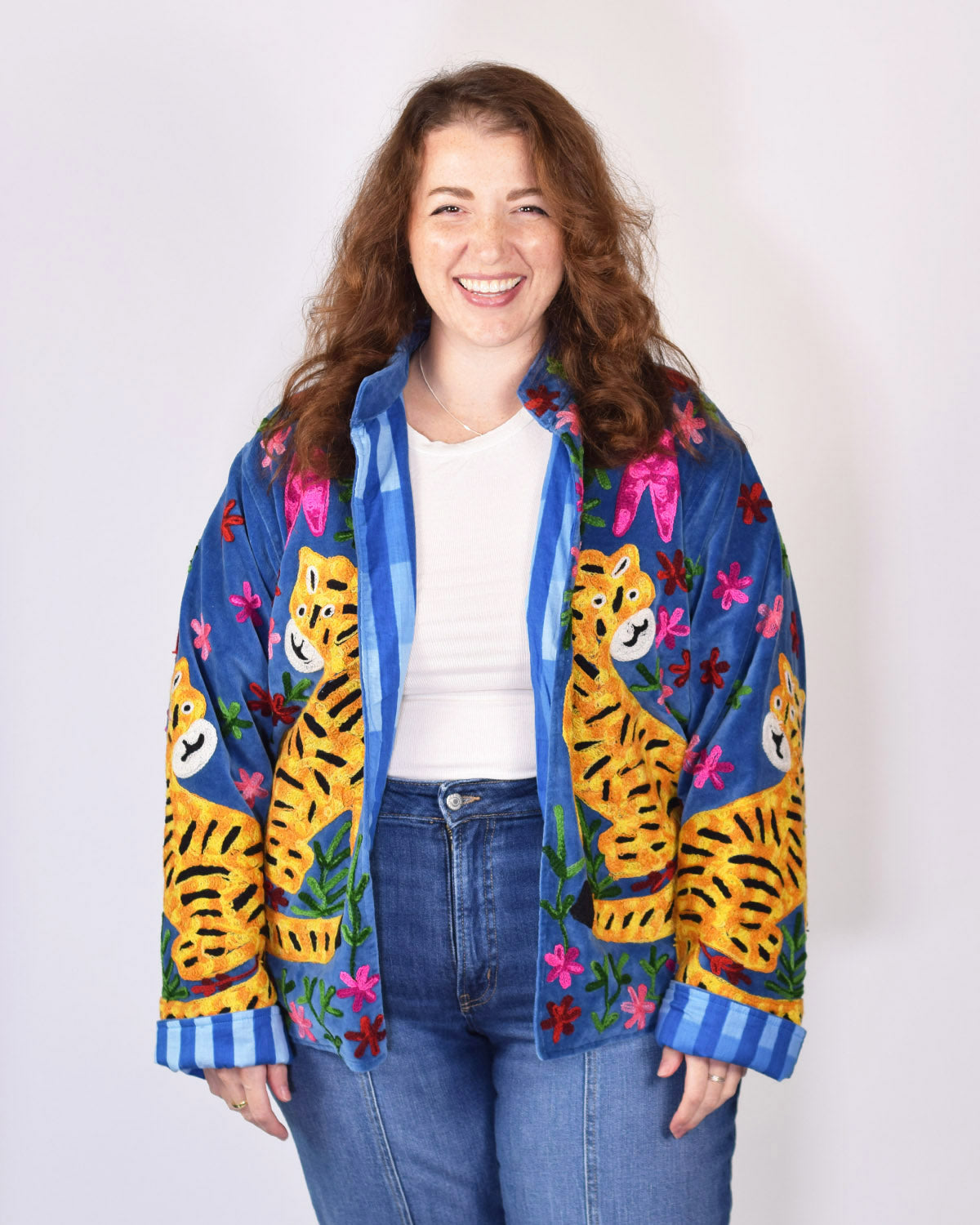 XL - Extended Sized - "Tiger Tribe" Suzani Embroidered Velvet Jacket/Cardigan - Electric Blue