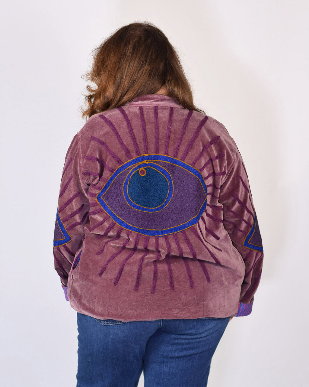 XL - Extended Sized - "Evil Eye" Suzani Embroidered Velvet Jacket/Cardigan - 12