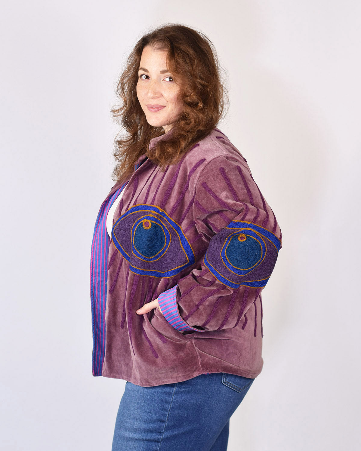 XL - Extended Sized - "Evil Eye" Suzani Embroidered Velvet Jacket/Cardigan - 12