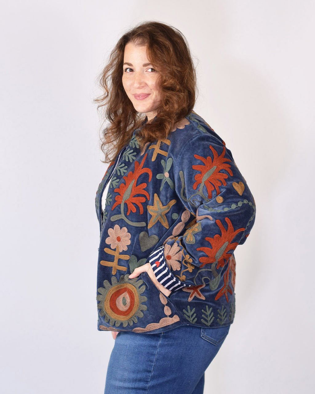 XL - Extended Sized - "Mountain of Love" Suzani Embroidered Velvet Jacket/Cardigan - 06