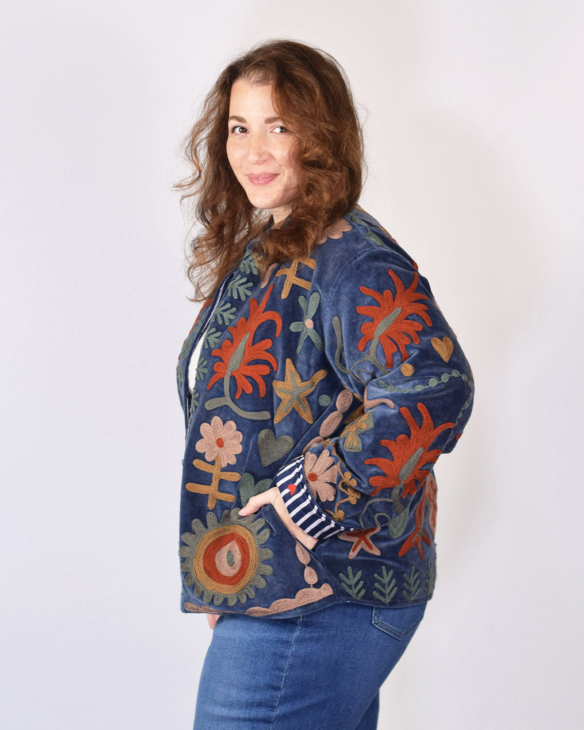 XL - Extended Sized - "Mountain of Love" Suzani Embroidered Velvet Jacket/Cardigan - 06