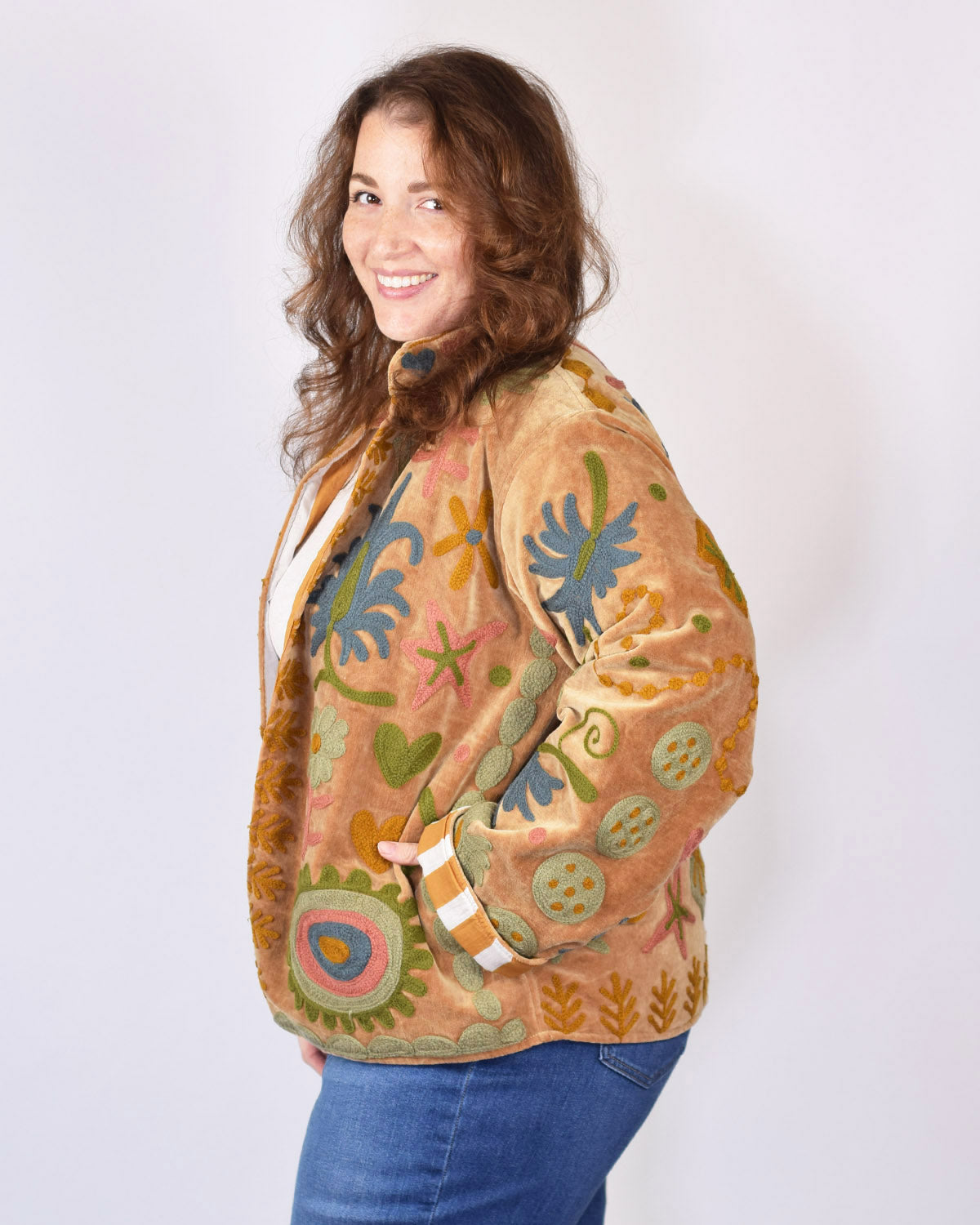 XL - Extended Sized - "Mountain of Love" Suzani Embroidered Velvet Jacket/Cardigan - 07