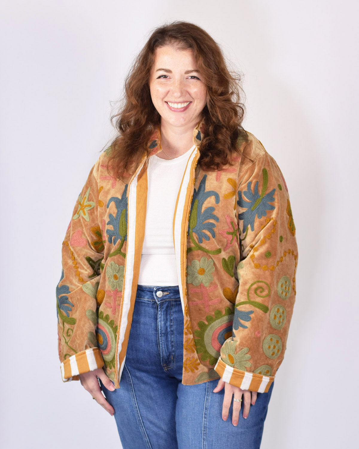 XL - Extended Sized - "Mountain of Love" Suzani Embroidered Velvet Jacket/Cardigan - 07