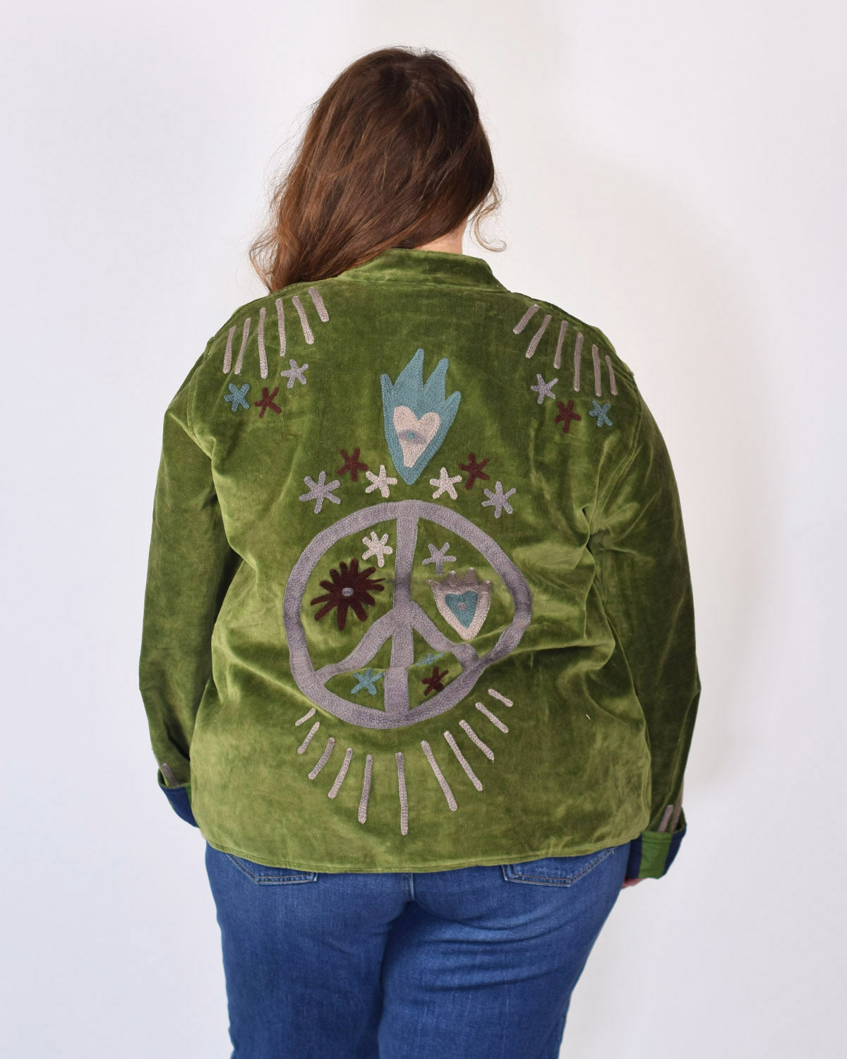 XL - Extended Sized - "Peace & Love" Suzani Embroidered Velvet Jacket/Cardigan - 06