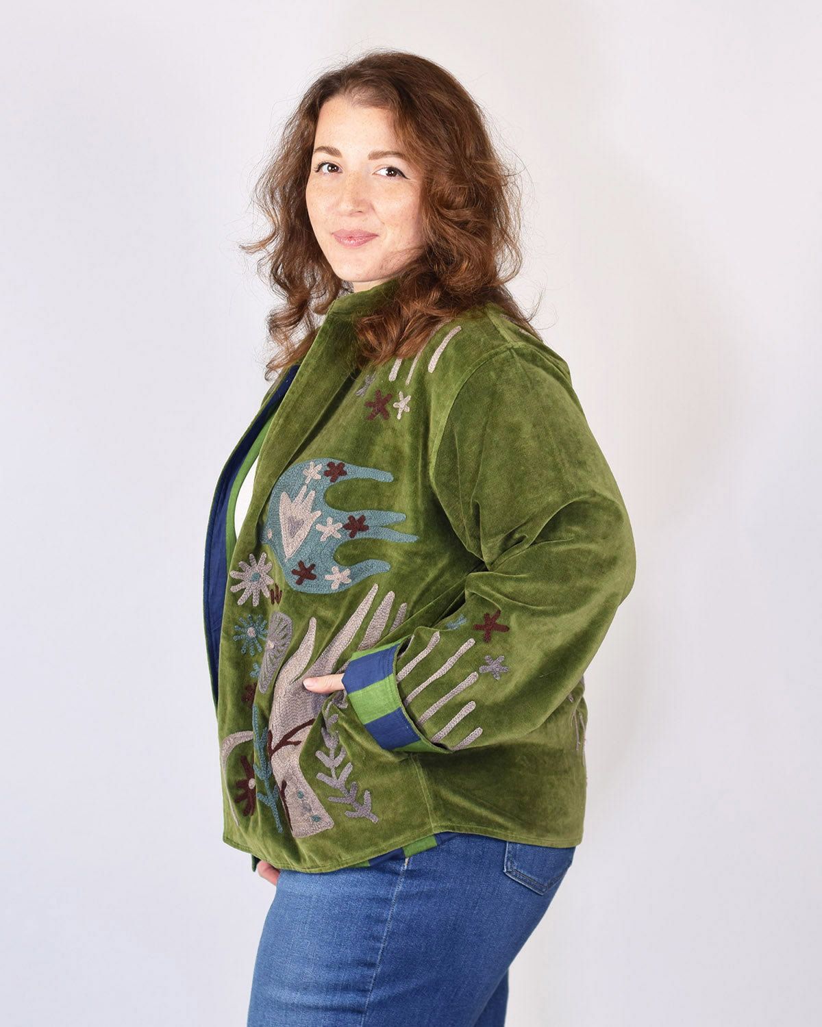 XL - Extended Sized - "Peace & Love" Suzani Embroidered Velvet Jacket/Cardigan - 06