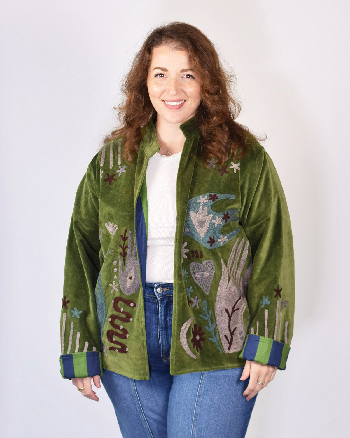 XL - Extended Sized - "Peace & Love" Suzani Embroidered Velvet Jacket/Cardigan - 06