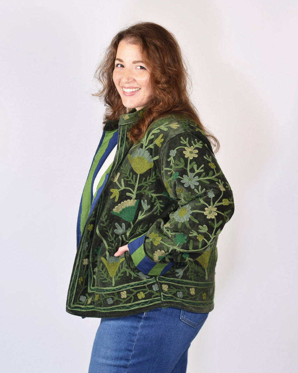 XL - Extended Sized - "Boho Blooms" Suzani Embroidered Velvet Jacket/Cardigan - 04