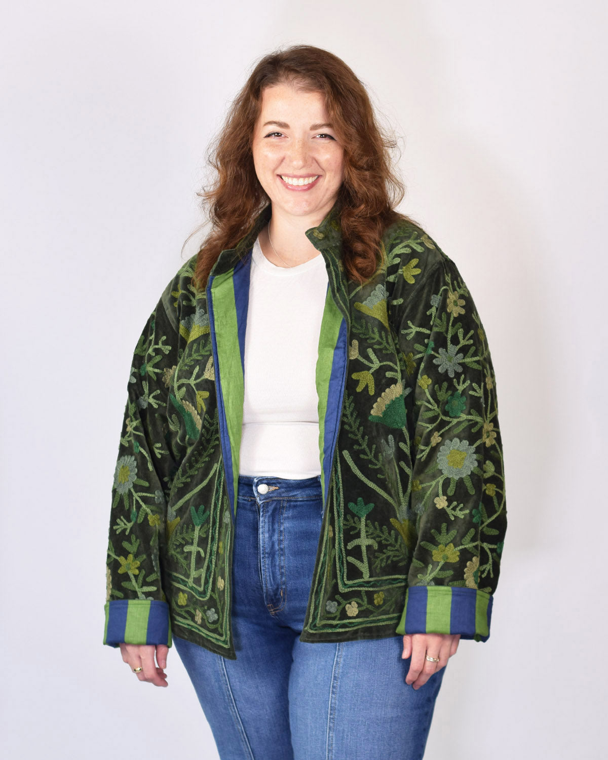 XL - Extended Sized - "Boho Blooms" Suzani Embroidered Velvet Jacket/Cardigan - 04