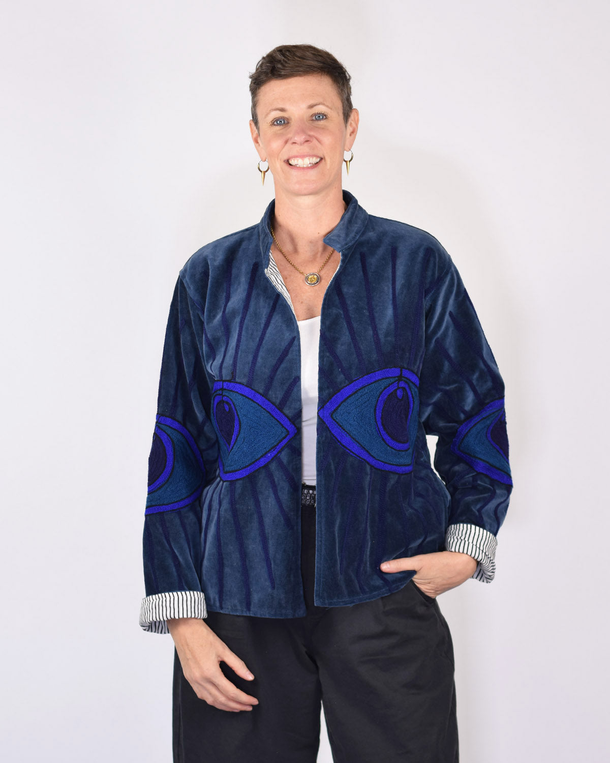 "Evil Eye" Suzani Embroidered Velvet Jacket/Cardigan - 01
