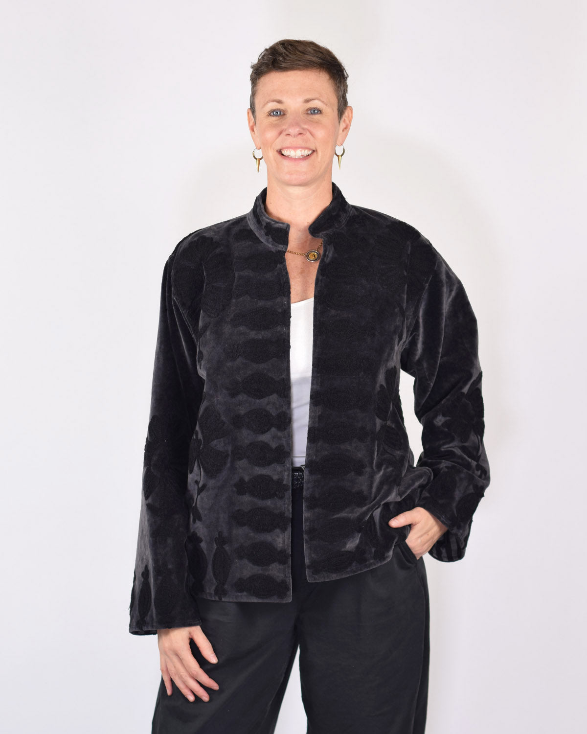 "Sgt. Pepper" Suzani Embroidered Velvet Jacket/Cardigan - Smoke