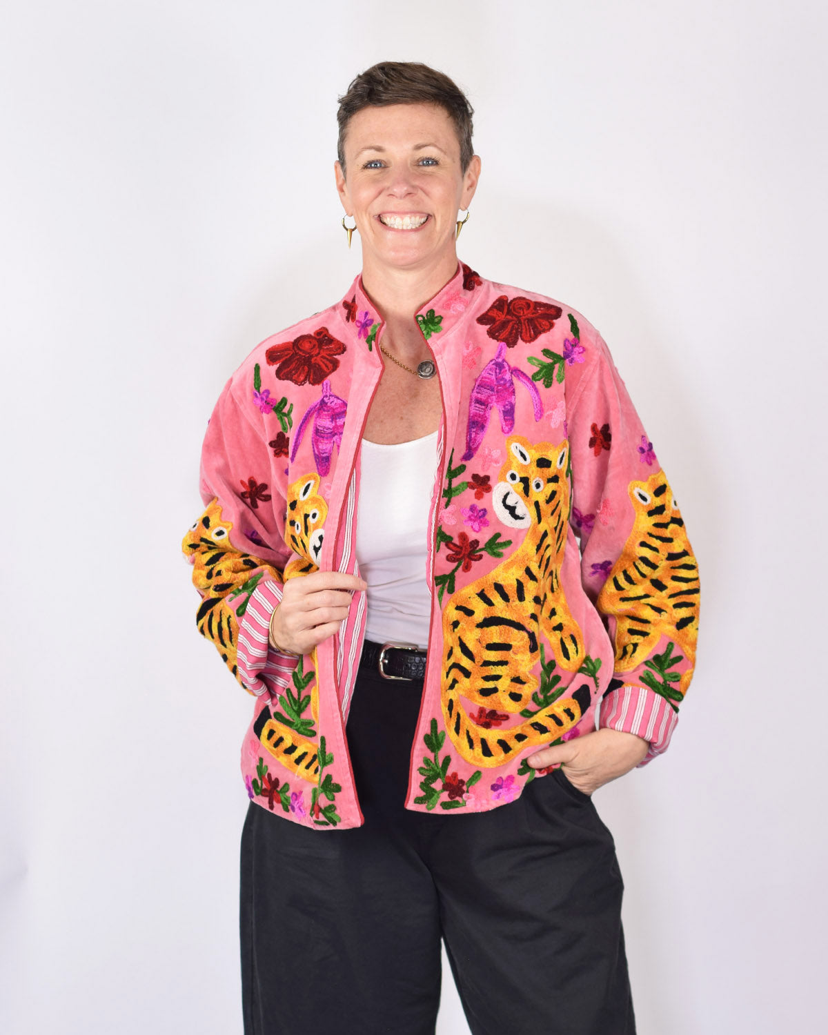 "Tiger Tribe" Suzani Embroidered Velvet Jacket/Cardigan - Soft Pink