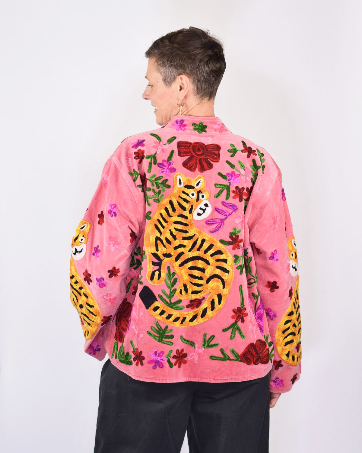 "Tiger Tribe" Suzani Embroidered Velvet Jacket/Cardigan - Soft Pink