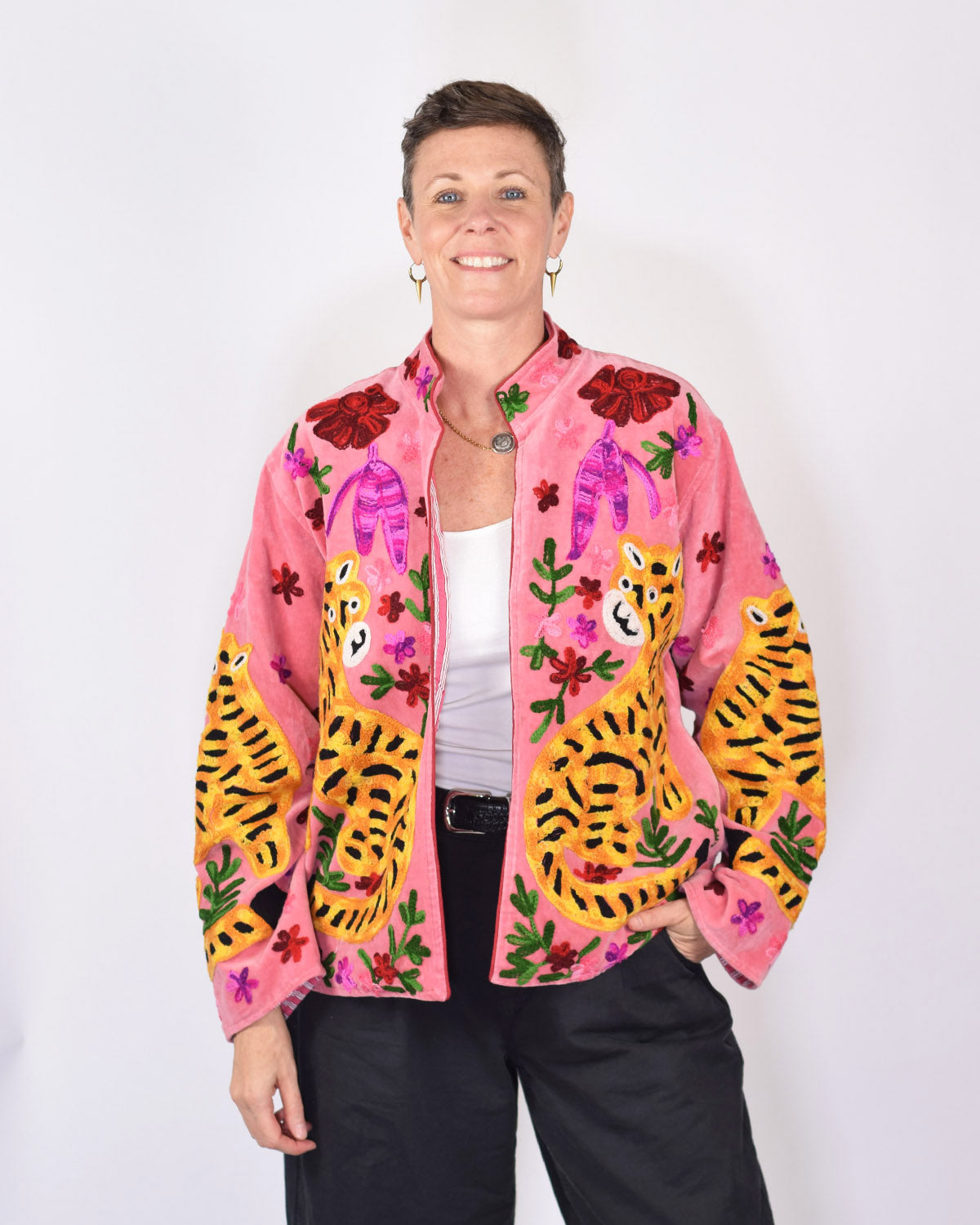 "Tiger Tribe" Suzani Embroidered Velvet Jacket/Cardigan - Soft Pink