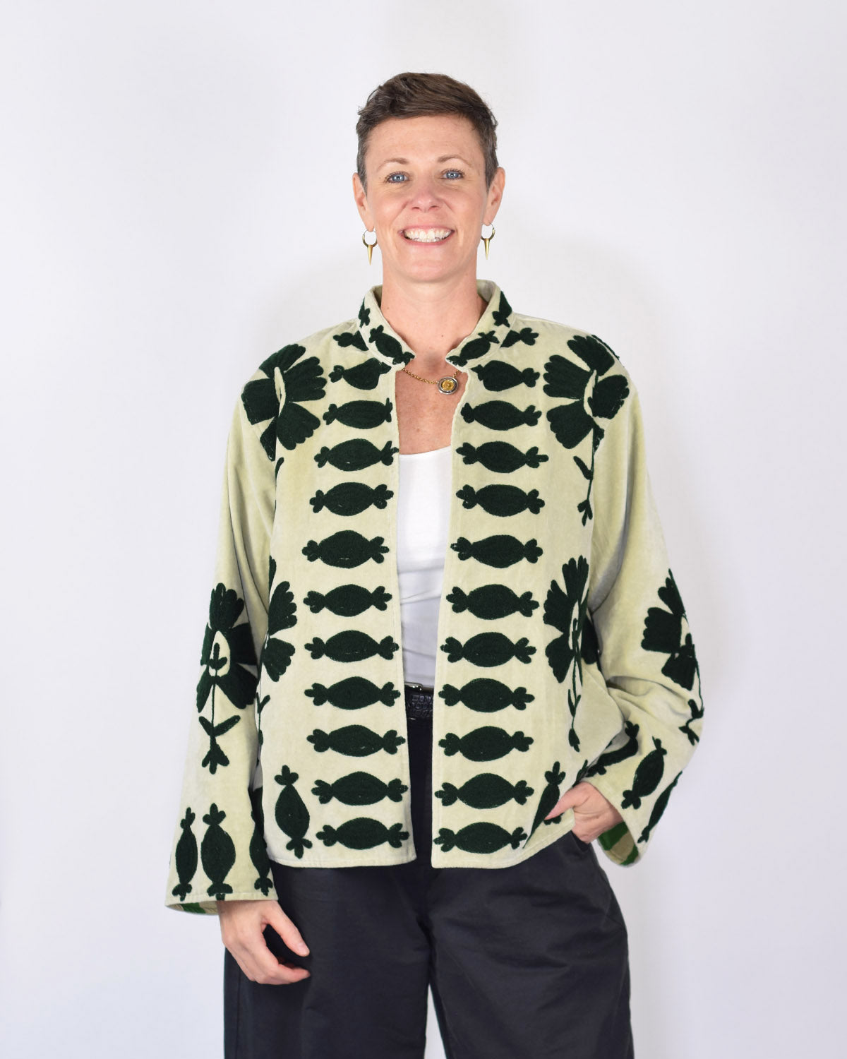 "Sgt. Pepper" Suzani Embroidered Velvet Jacket/Cardigan - Mint Forest