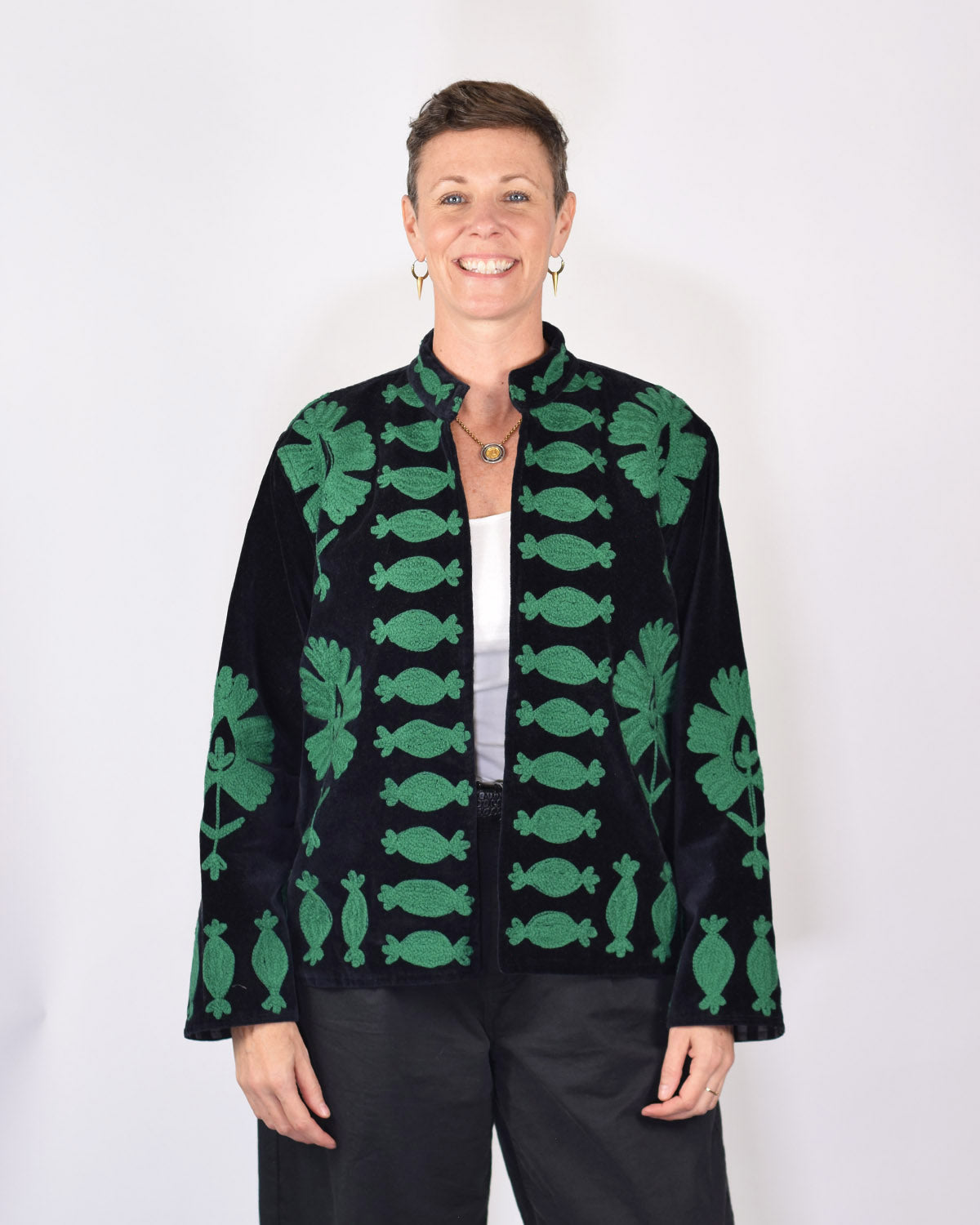 "Sgt. Pepper" Suzani Embroidered Velvet Jacket/Cardigan - Black Sage