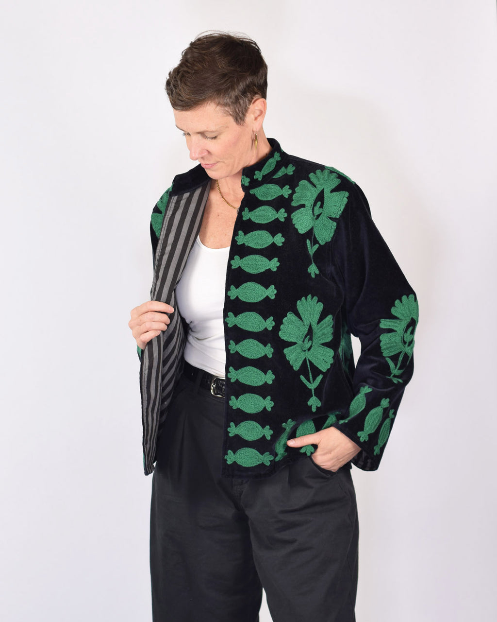 "Sgt. Pepper" Suzani Embroidered Velvet Jacket/Cardigan - Black Sage