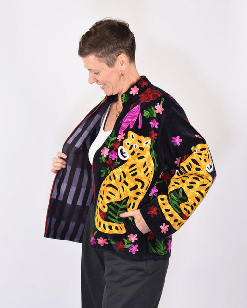"Tiger Tribe" Suzani Embroidered Velvet Jacket/Cardigan - Black 2