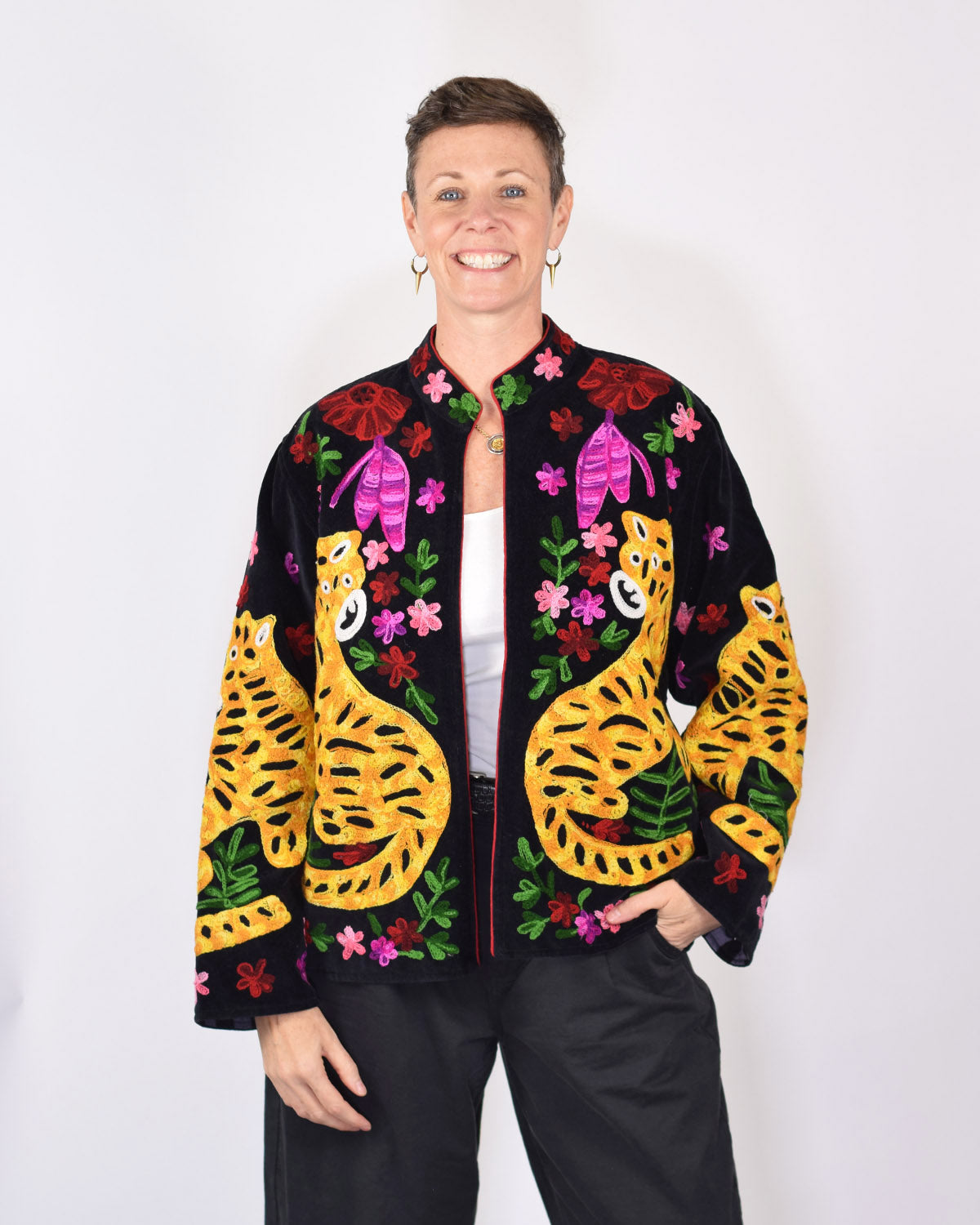 "Tiger Tribe" Suzani Embroidered Velvet Jacket/Cardigan - Black 2
