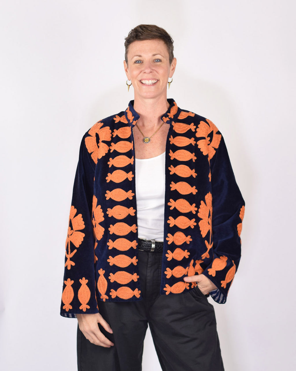 "Sgt. Pepper" Suzani Embroidered Velvet Jacket/Cardigan - Navy Rust
