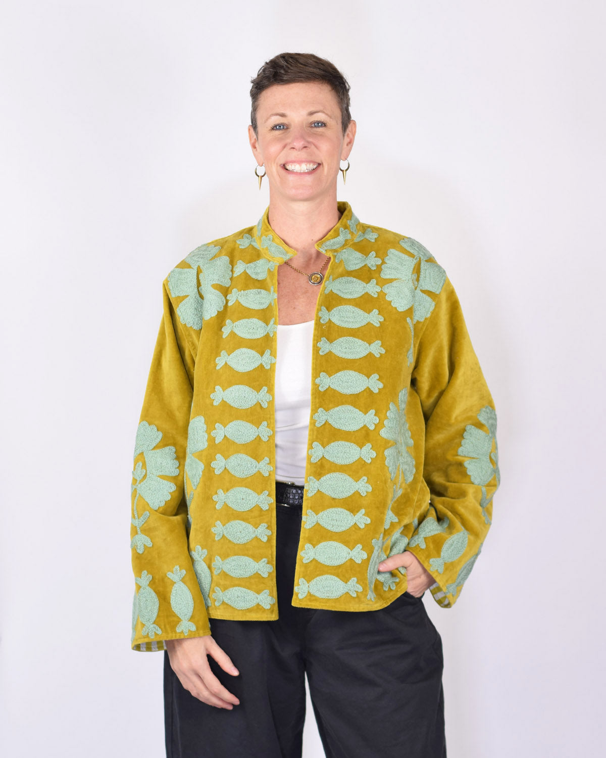 "Sgt. Pepper" Suzani Embroidered Velvet Jacket/Cardigan - Gold Mint