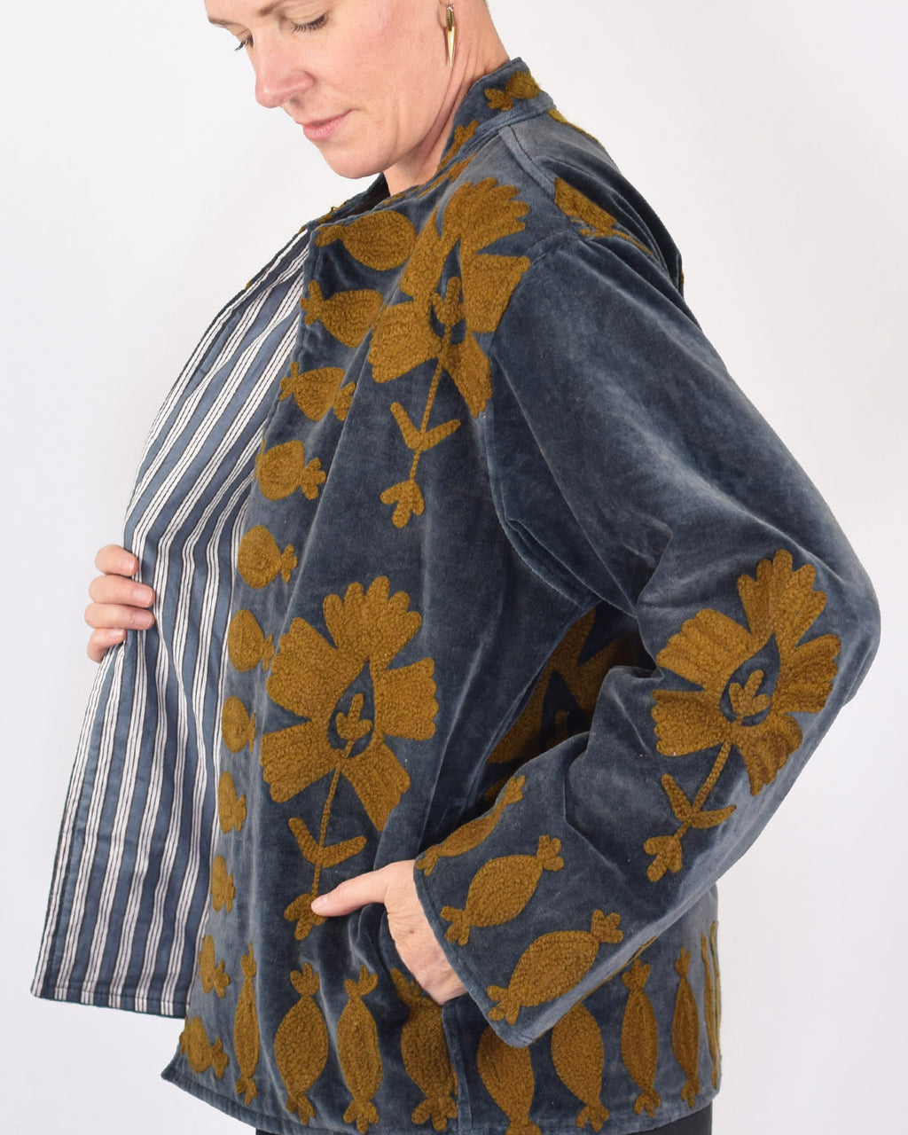 "Sgt. Pepper" Suzani Embroidered Velvet Jacket/Cardigan - Smoke Carmel
