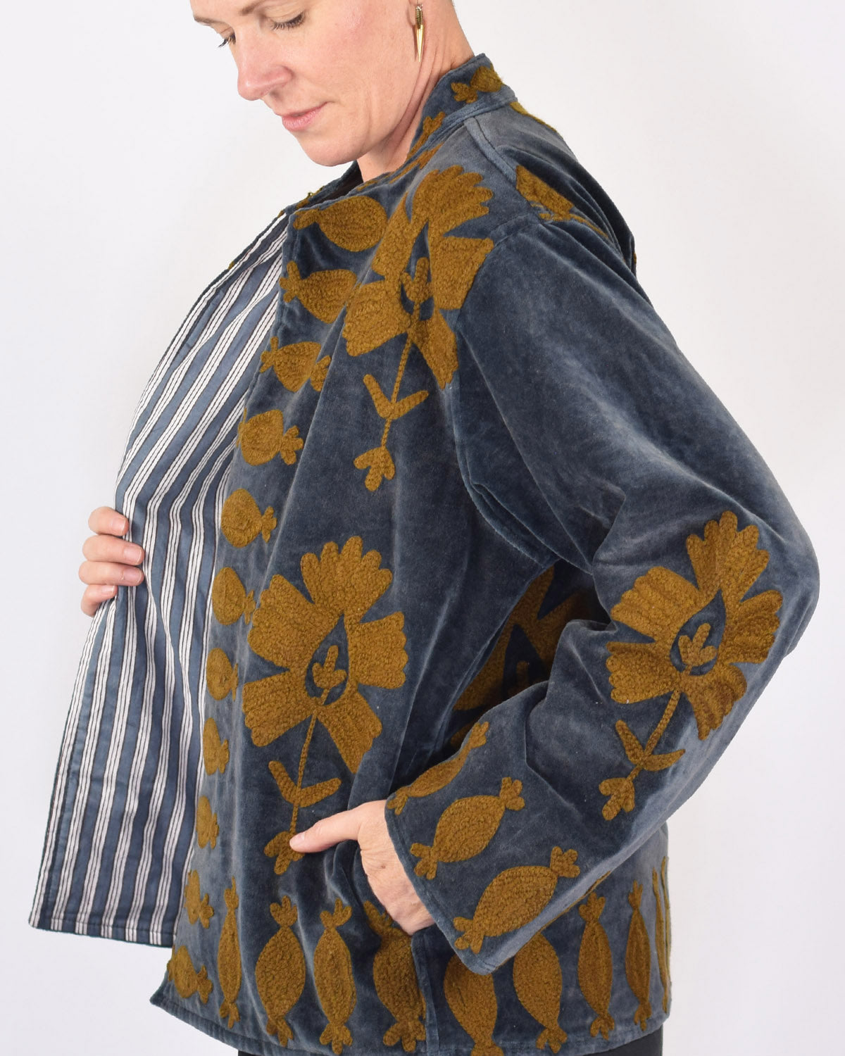 "Sgt. Pepper" Suzani Embroidered Velvet Jacket/Cardigan - Smoke Carmel