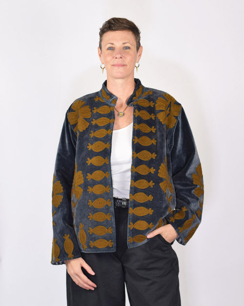 "Sgt. Pepper" Suzani Embroidered Velvet Jacket/Cardigan - Smoke Carmel
