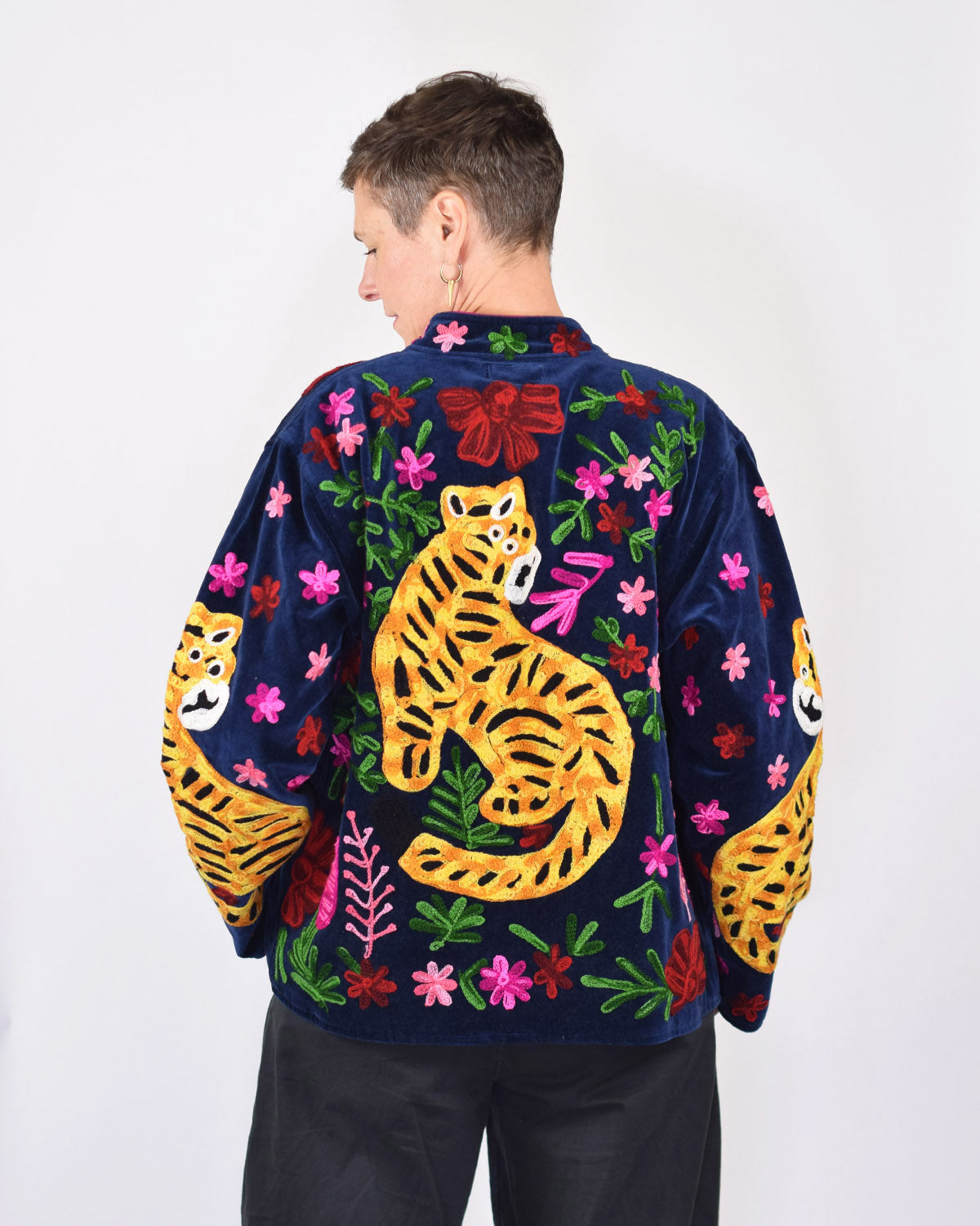"Tiger Tribe" Suzani Embroidered Velvet Jacket/Cardigan - Navy Blue