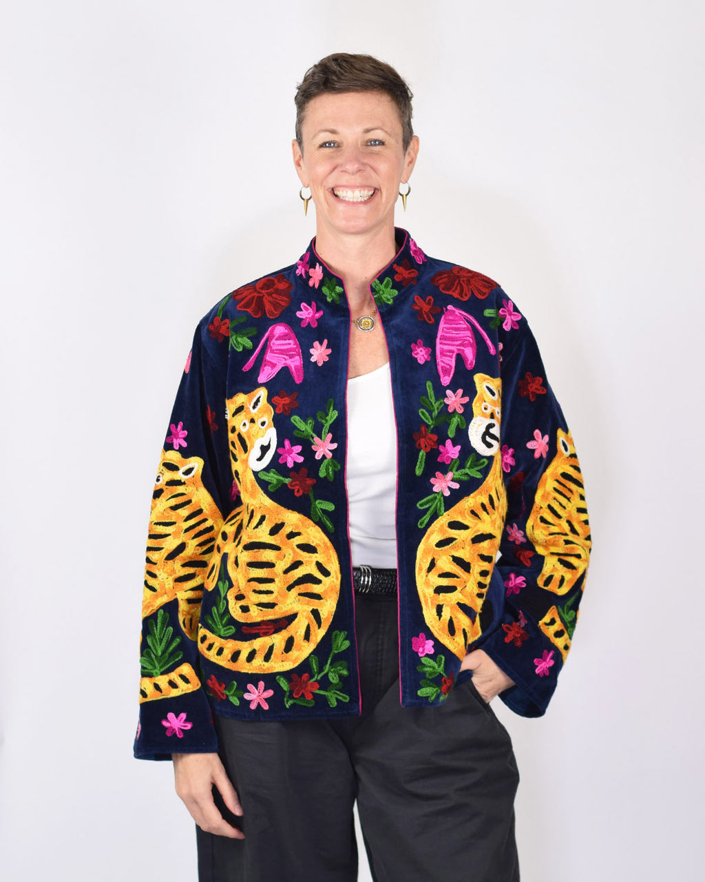"Tiger Tribe" Suzani Embroidered Velvet Jacket/Cardigan - Navy Blue