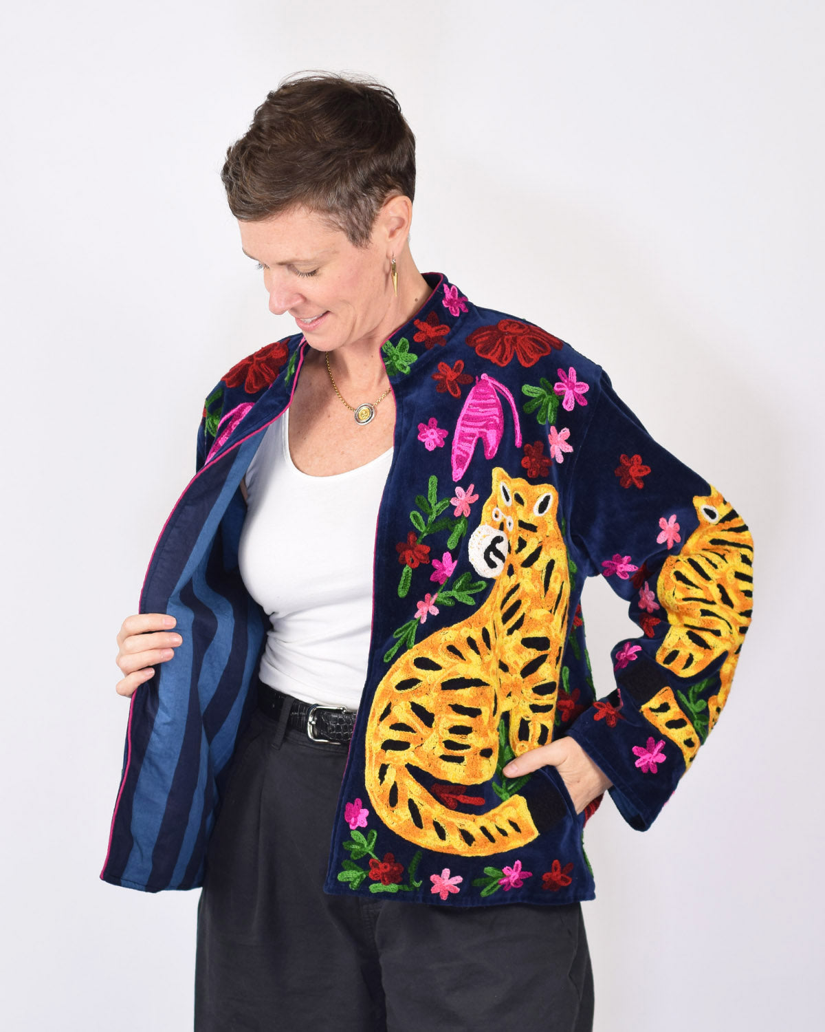 "Tiger Tribe" Suzani Embroidered Velvet Jacket/Cardigan - Navy Blue