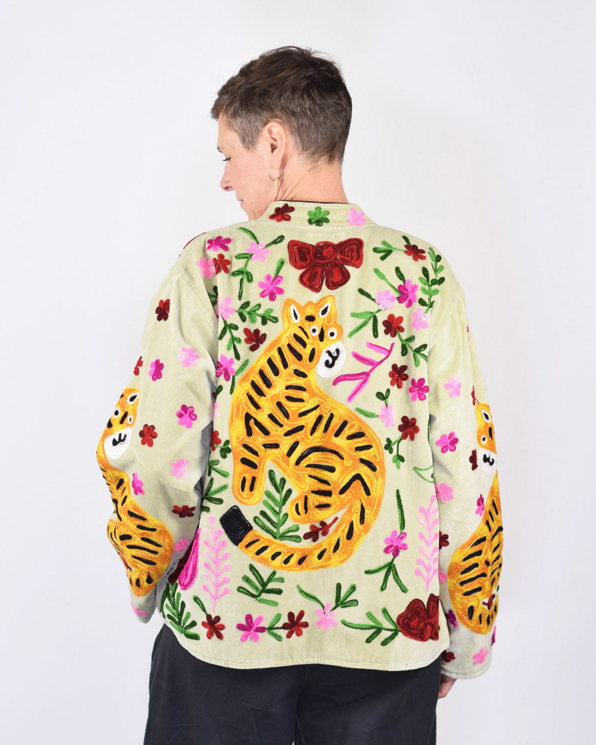 "Tiger Tribe" Suzani Embroidered Velvet Jacket/Cardigan - Mint