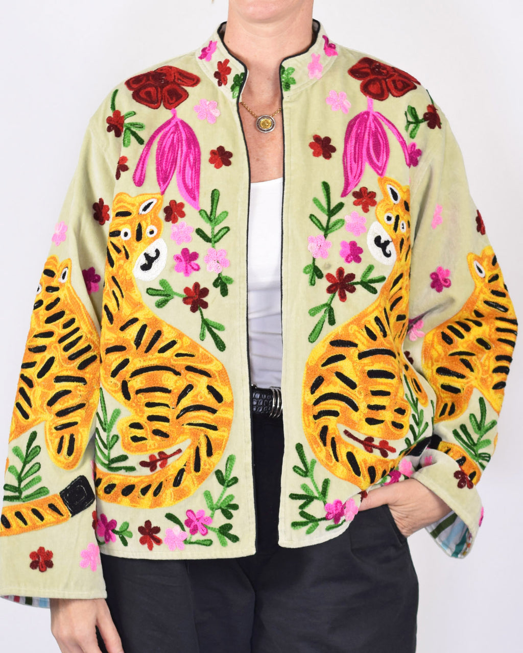 "Tiger Tribe" Suzani Embroidered Velvet Jacket/Cardigan - Mint