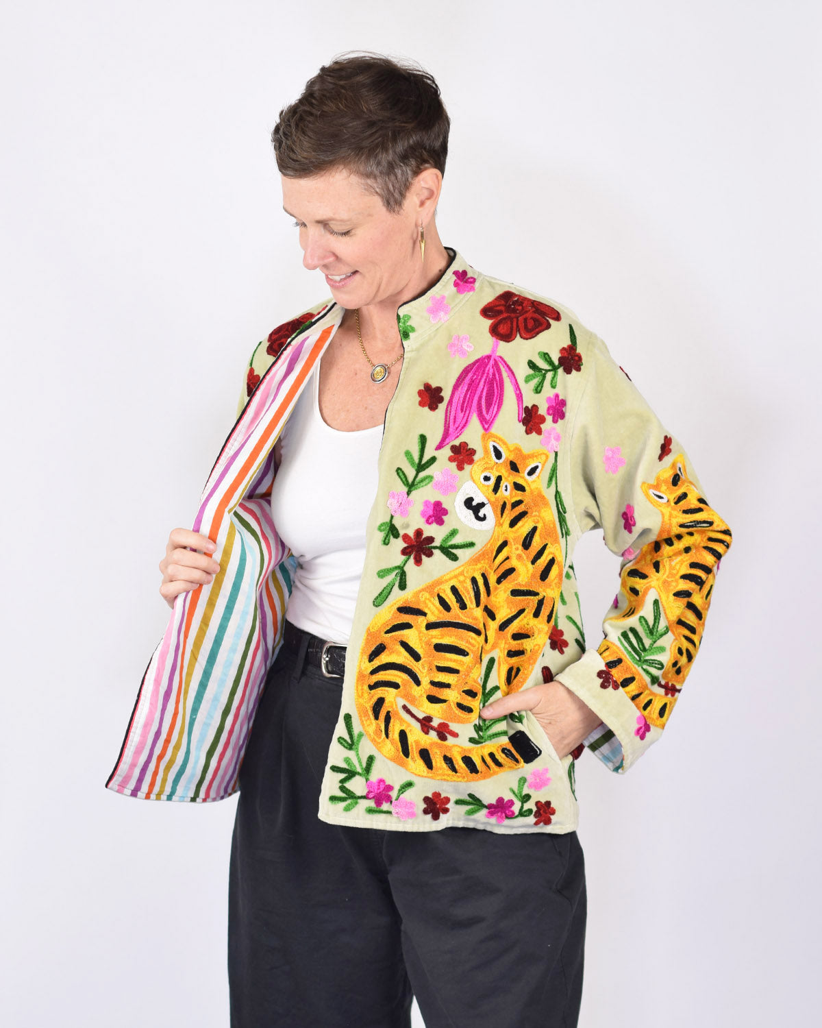 "Tiger Tribe" Suzani Embroidered Velvet Jacket/Cardigan - Mint