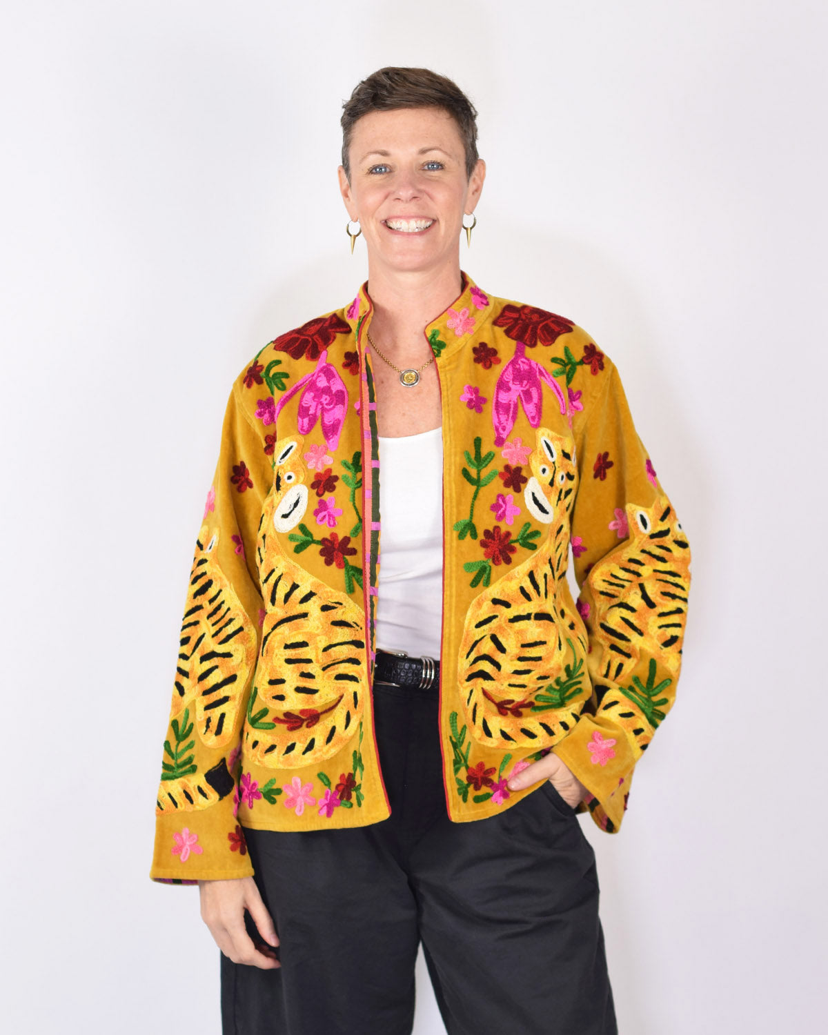 "Tiger Tribe" Suzani Embroidered Velvet Jacket/Cardigan - Gold